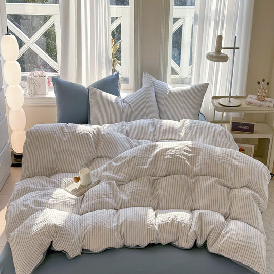 All-Season White Stripe Duvet Cover Set Queen, 100% Polyester Microfiber Bedding with Pillowcases, Light Blue Minimal Room Decor, OEM ODM Manufacturer Custom Design & Bulk Order Support