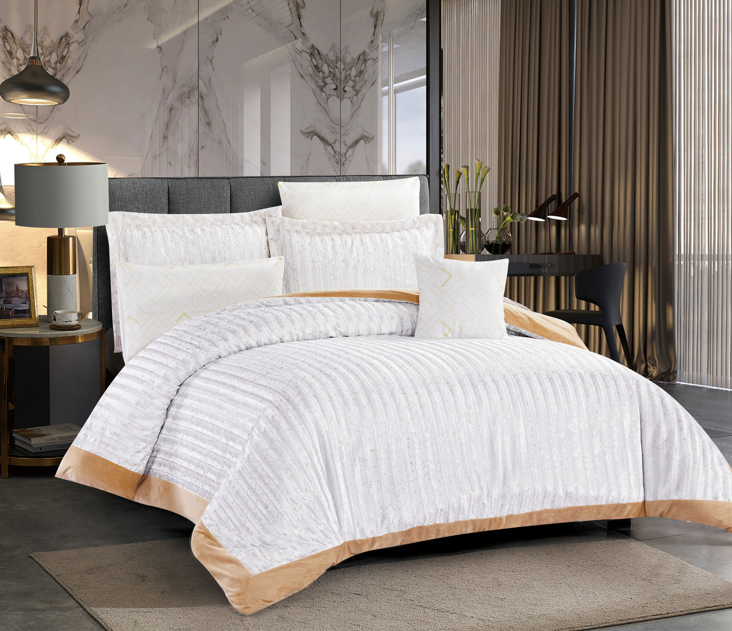 Custom White and Gold Velvet Comforter Set | OEM & ODM Bedding Manufacturer | Pleated Microfiber Quilt | Factory Direct Luxury Hotel & Home Bedding Supplier