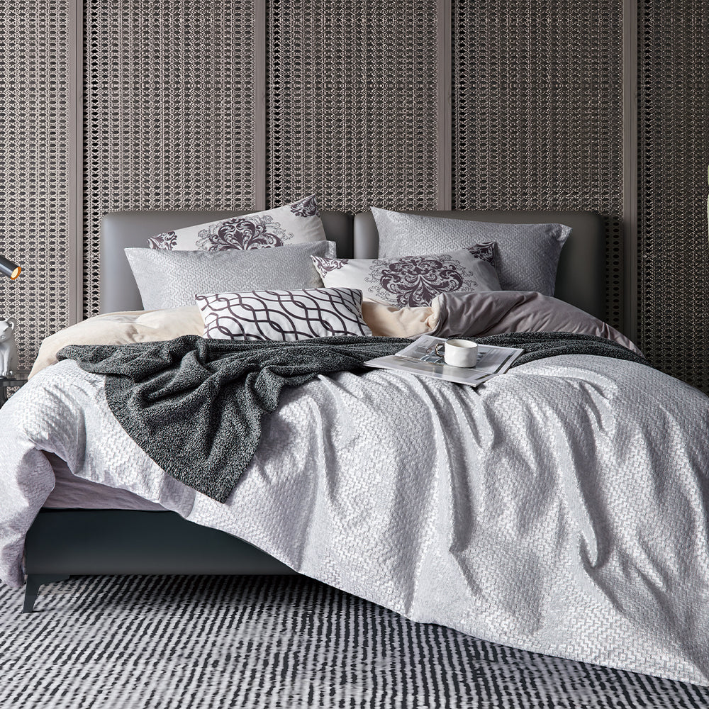 Elegant Silver and Grey 7-Piece Bedding Set with Decorative Pillows and Textured Design