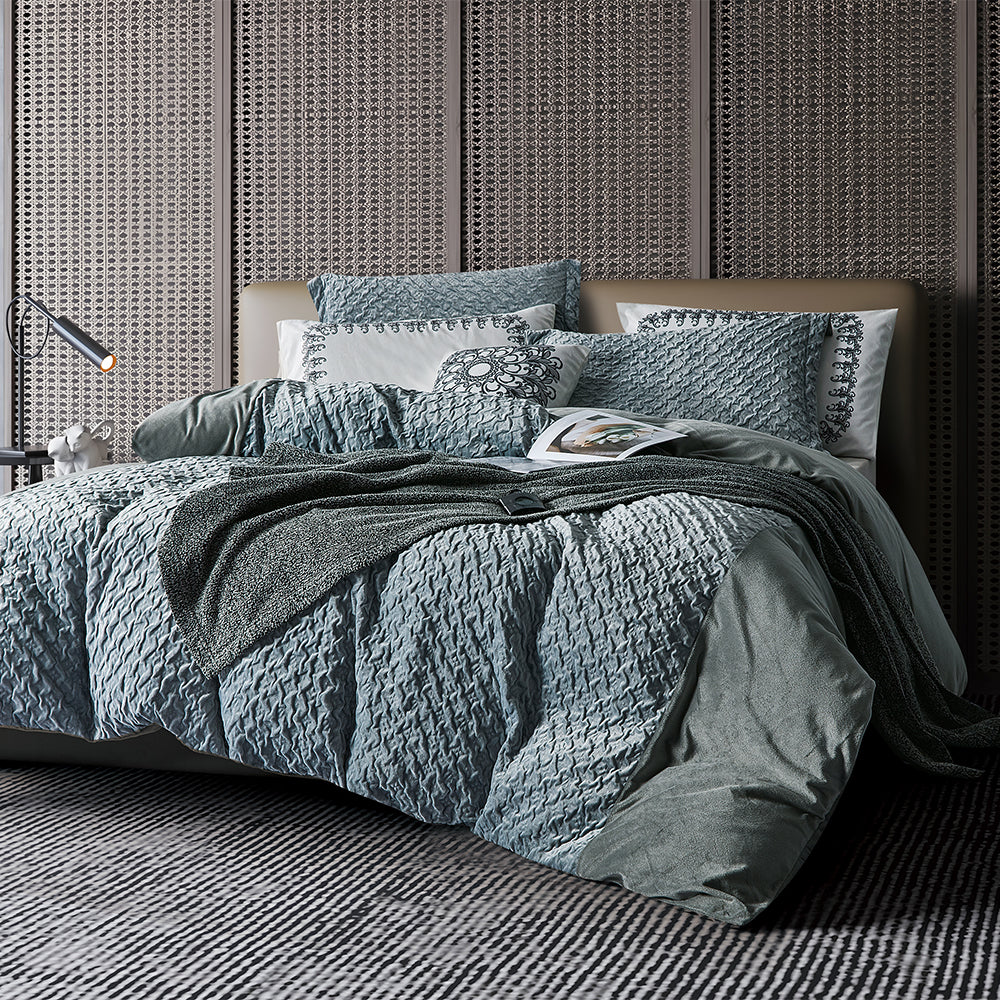 Blue Comforter Set with Floral Embroidery and Elegant Texture