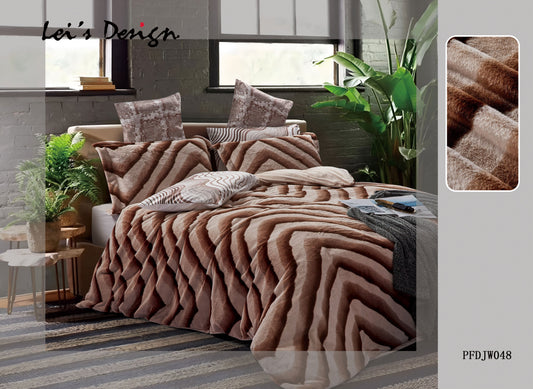 A brown, solid patterned comforter displayed on a bed in a bedroom setting with decorative pillows and bed sheets.