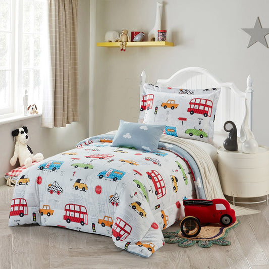 Cars and Buses Kids Bedding Set, Colorful Vehicle Print Comforter with Matching Pillowcase, Soft Microfiber Quilt for Boys Girls Bedroom, Cozy Bedspread for Toddler and Kids Room, OEM Baby Bedding Set | Custom Size and Design for Nursery Rooms