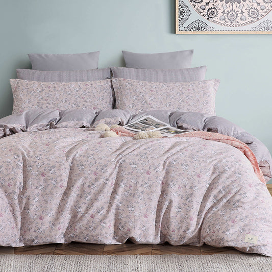 Blush Pink Floral Microfiber Duvet Cover Set with Zipper Closure and Corner Ties | Soft Lightweight Bedding with Flat Sheet, Fitted Sheet, Pillowcases & Shams | OEM Home Textile Manufacturer | Duvet Cover Customization Service