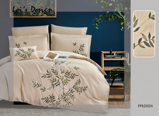 7-Piece Botanical Embroidered Duvet Cover Set – Beige Cotton Bedding with Custom Size Options