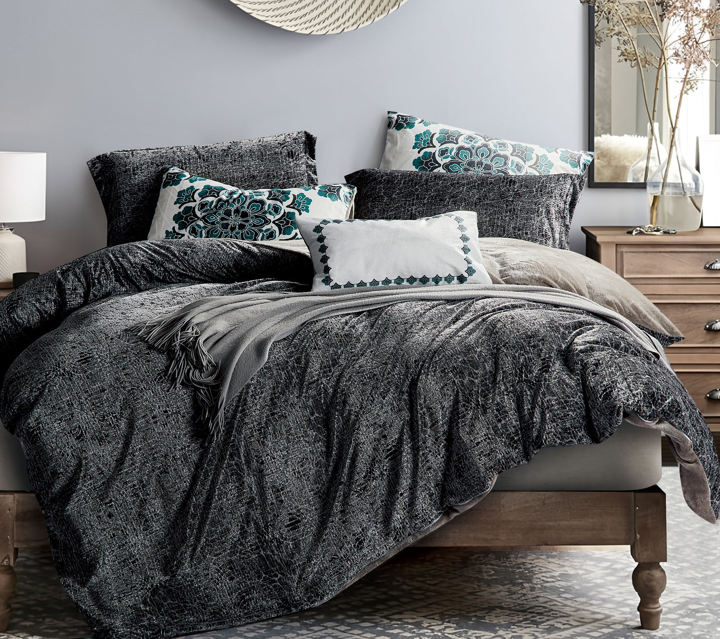 Comforter Set in Dark Tones with Floral Details