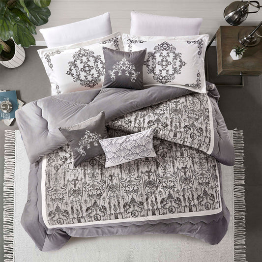 Custom Gray and White Embroidered Comforter Set | OEM & ODM Bedding Manufacturer | Luxury Microfiber Quilt | Factory Direct Hotel & Home Bedding Supplier