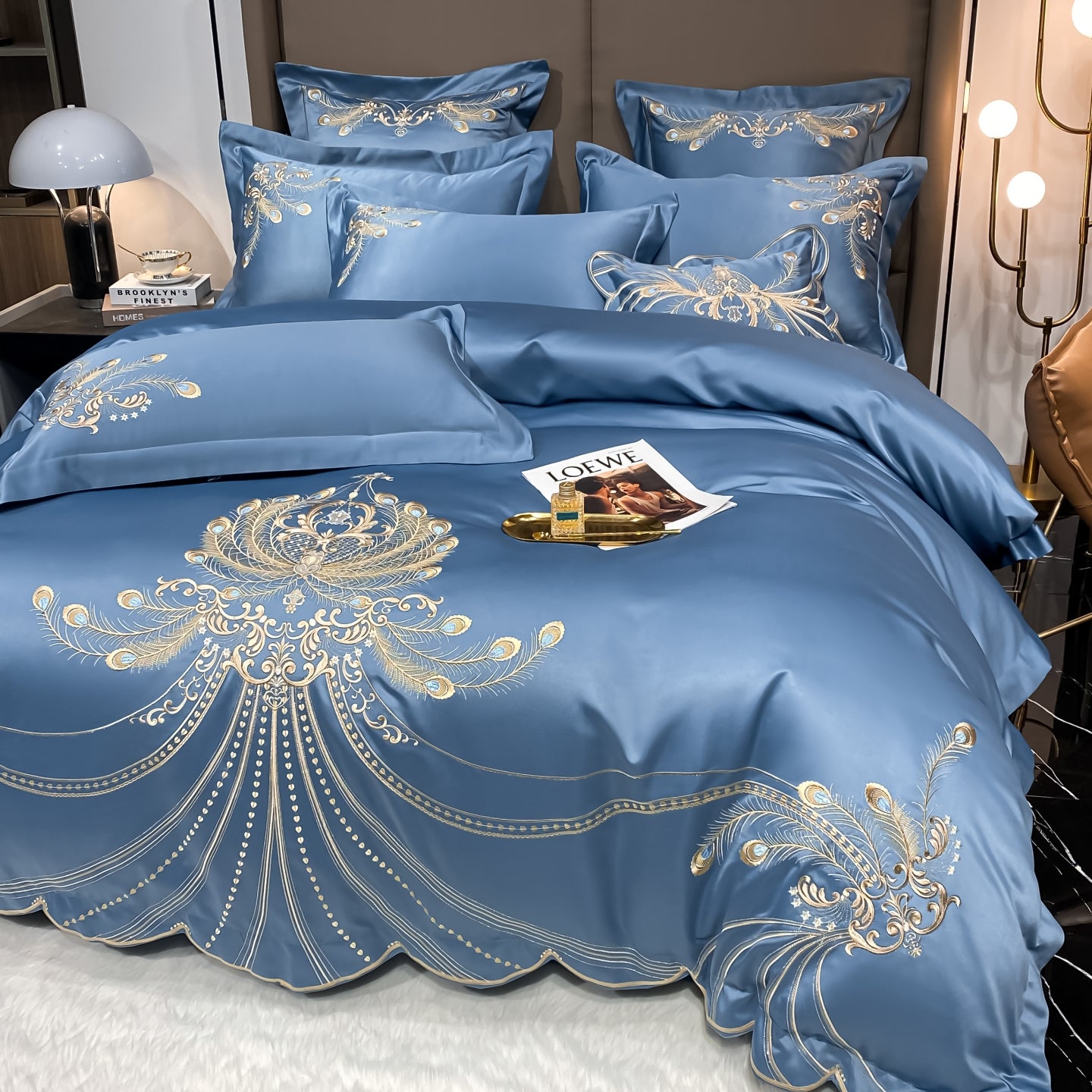 Bentley Blue Embroidered Duvet Cover Set King, 100% Polyester Satin Luxury Bedding with Gold Peacock Motif, Hotel Style Bed Set, OEM ODM Factory Direct Custom Color & Size
