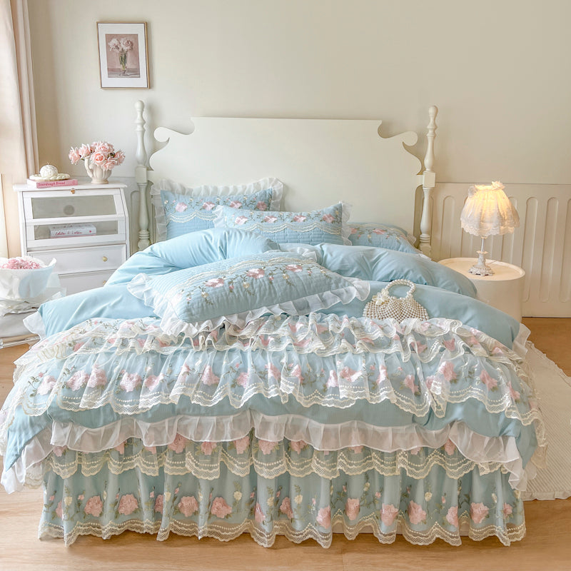 Puff Pink Ruffle Floral Duvet Cover Set Queen, 100% Polyester All-Season Bedding with Embroidered Mesh Skirt & Pillow Shams, Cottage Princess Bed Set, OEM ODM Factory Custom Design & Logo