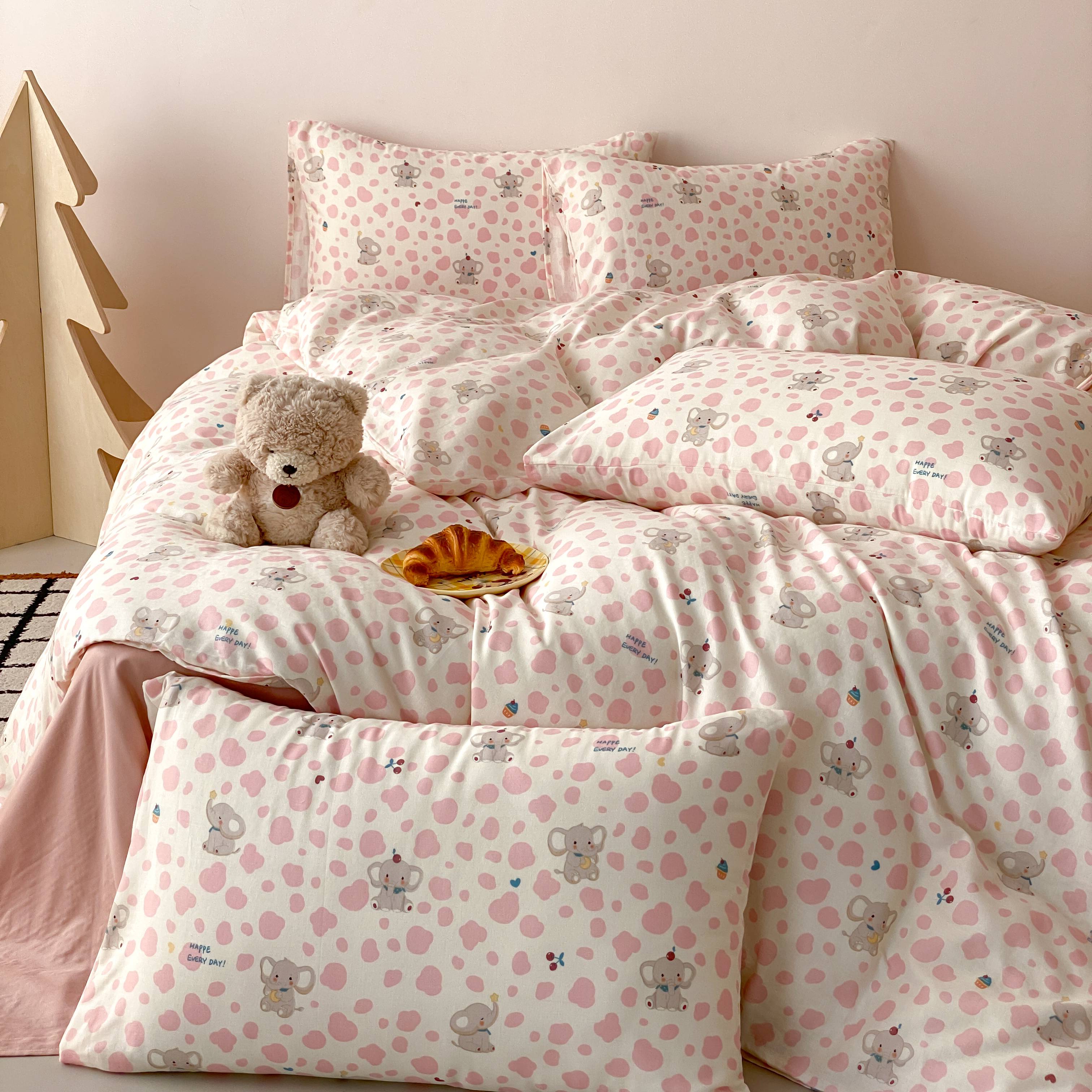 Pink Dotted Elephant Kids Duvet Cover Set Twin, 100% Polyester Soft Bedding with Cute Animal Print, Girls & Boys Bedroom Comforter Cover, OEM ODM Factory Customized Size, Color & Packaging