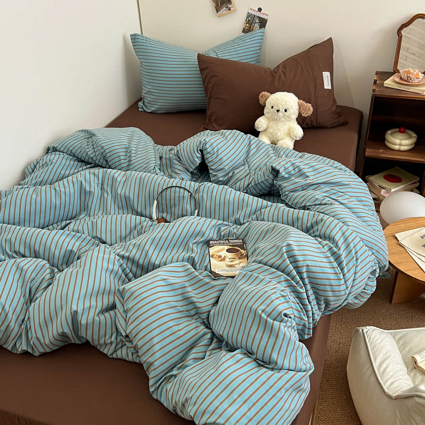 Four Season Blue Stripe Duvet Cover Set Queen, Soft All-Season Bedding with Pillowcases, Japanese Korean Style Navy & Sky Blue, OEM ODM Factory Direct Custom Bedding for Bulk Orders
