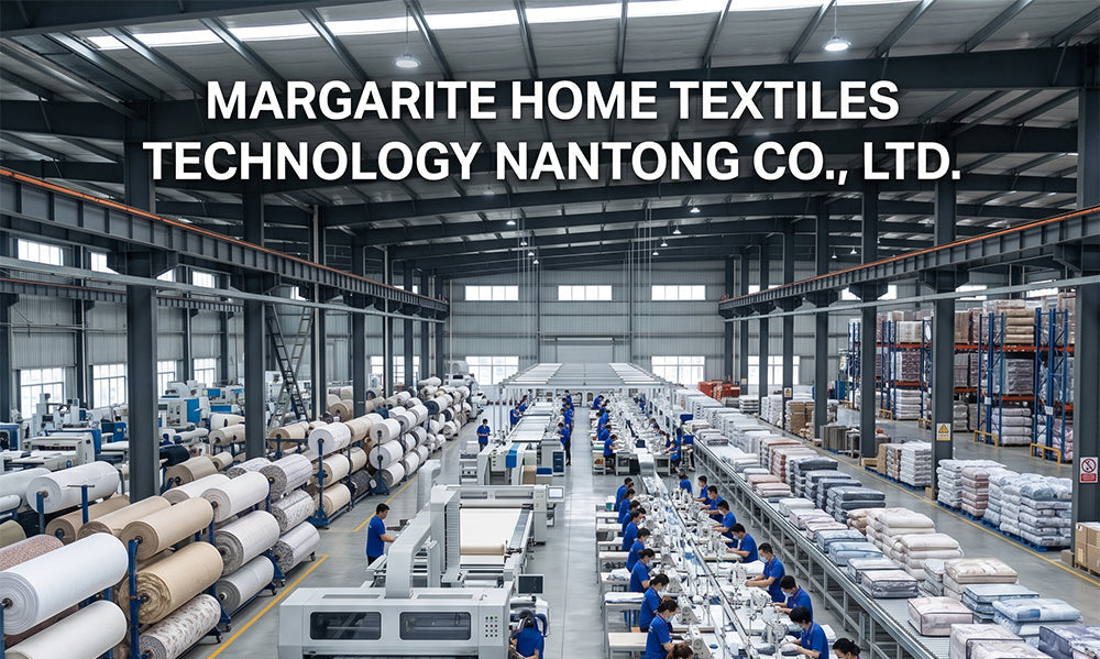 Factory interior with workers and machinery, featuring Margarite Home Textiles Technology Nantong Co., Ltd. branding.