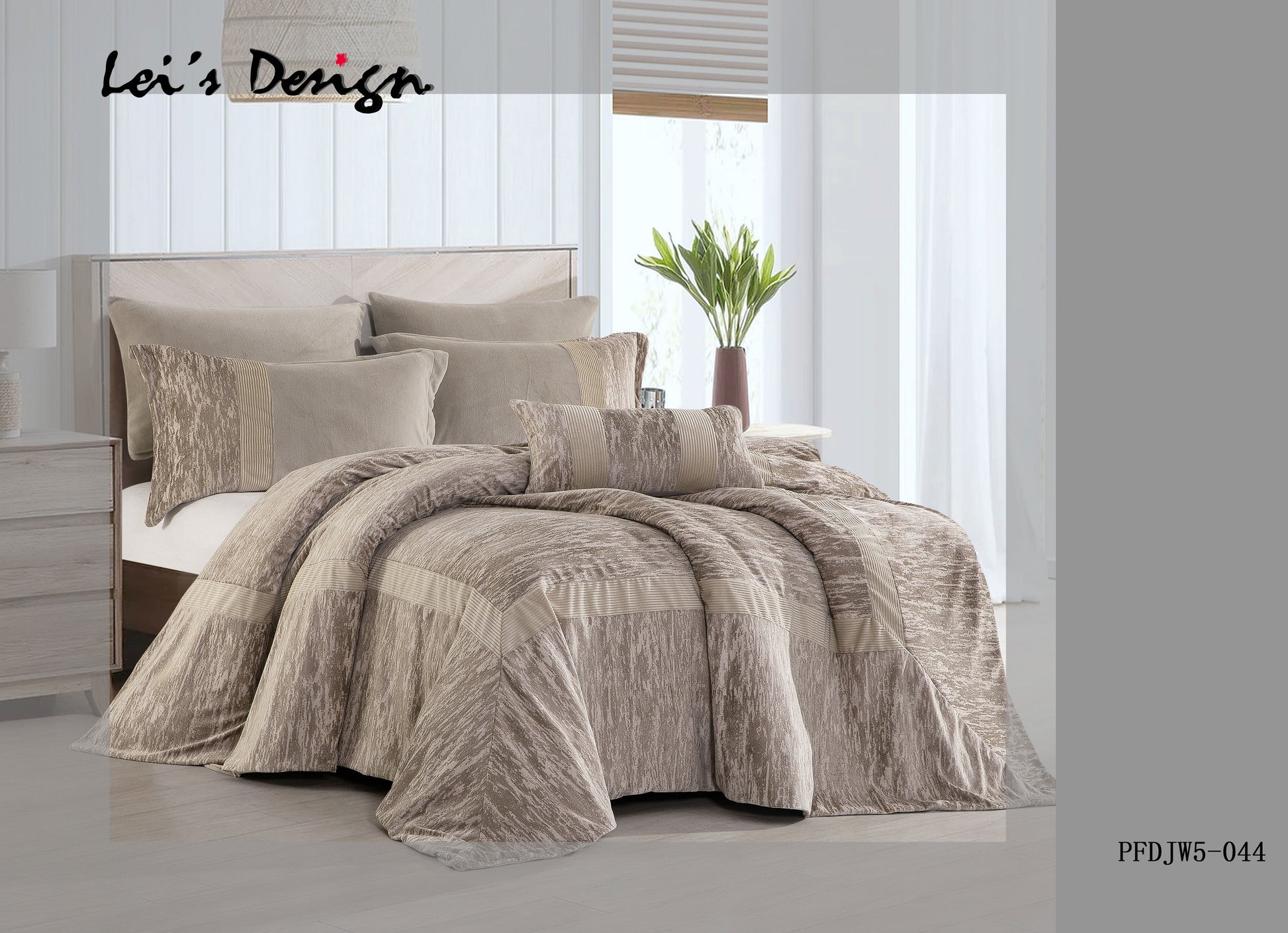 A beige and gray comforter set with matching pillows, bedskirt, and throw pillows displayed on a bed in a bedroom setting.