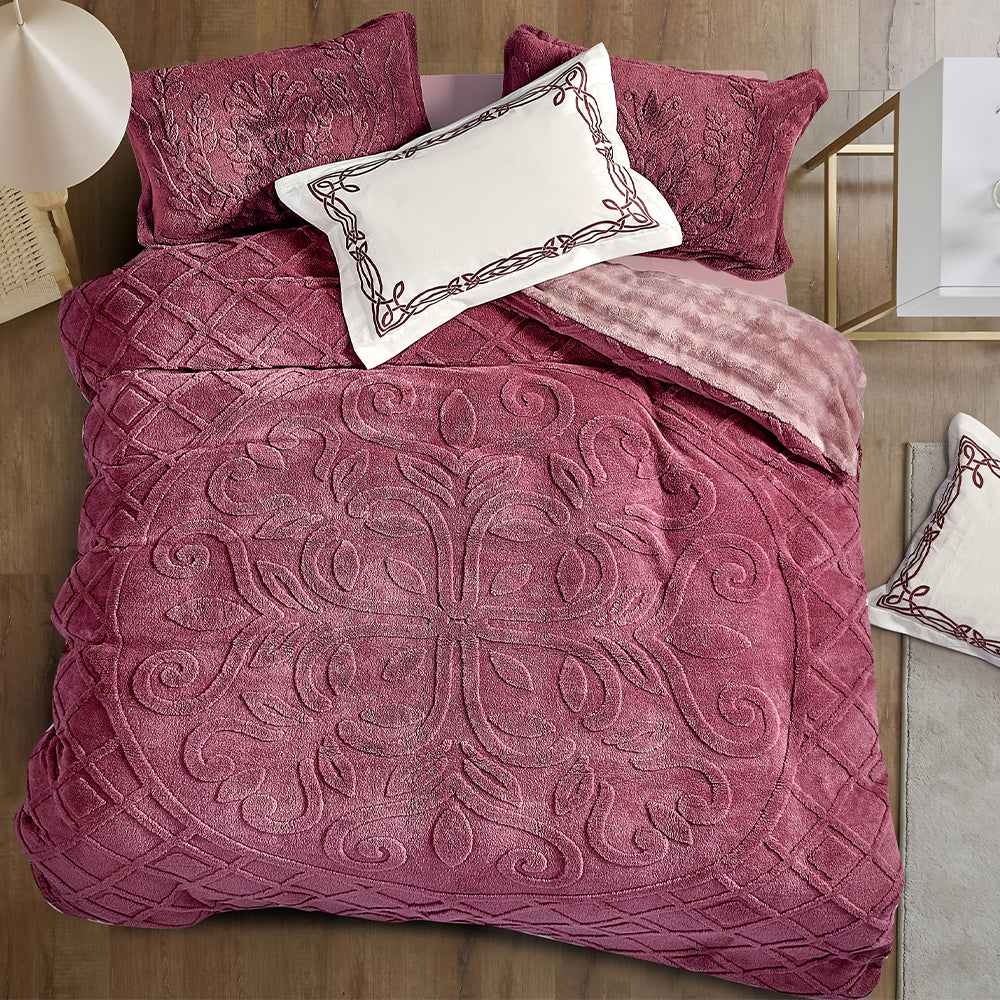 Burgundy 7-Piece Bedding Set with Embossed Design and Decorative Pillows
