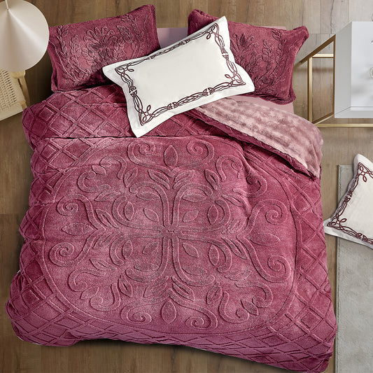 Burgundy 7-Piece Bedding Set with Embossed Design and Decorative Pillows