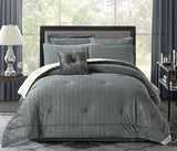 A silver-grey and beige striped king-size comforter set with 3D micro-striping, displayed with two velvet pillowcases, a comforter, and a bed skirt.