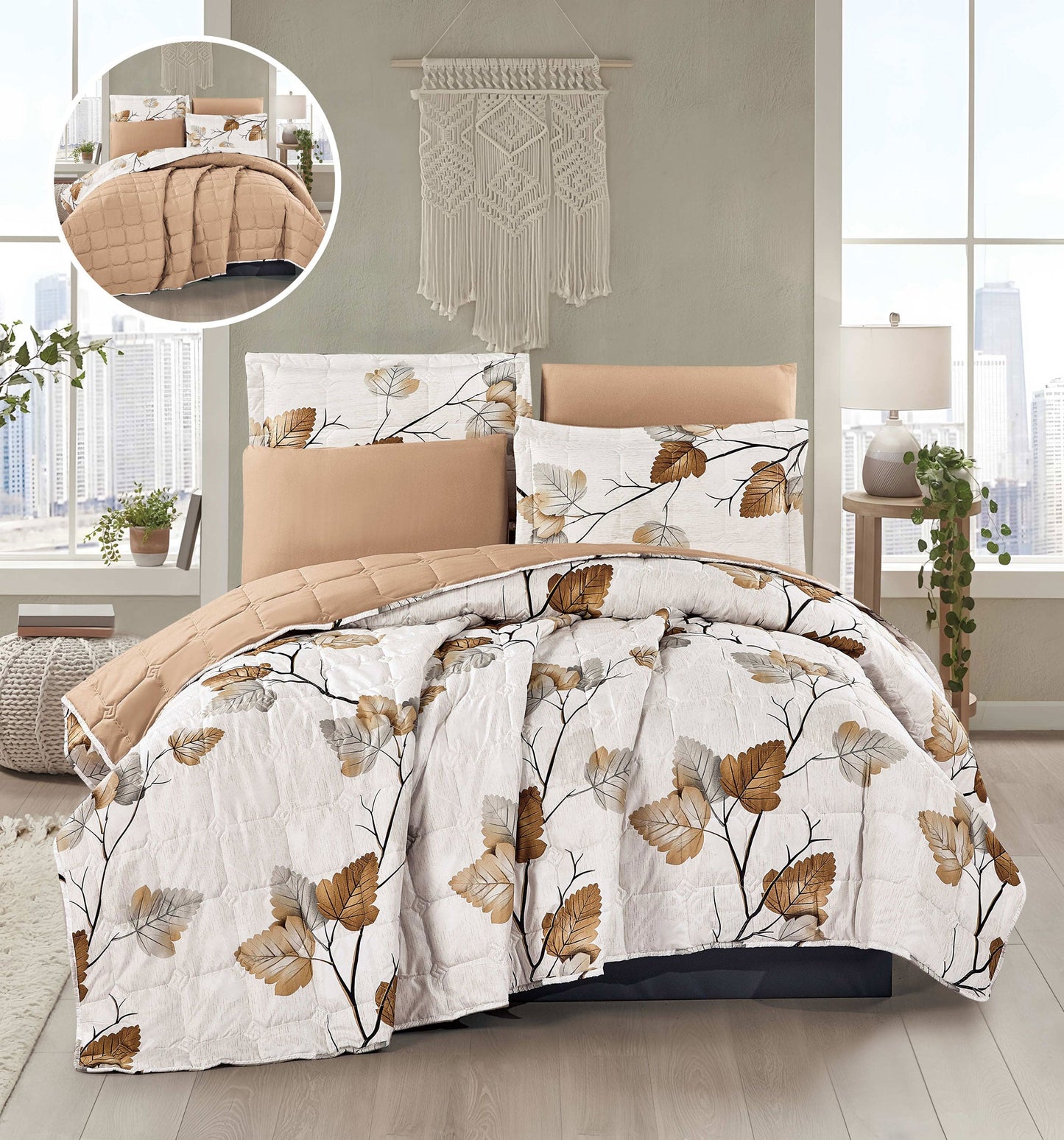 7 - Piece Botanical Comforter Set – Reversible Beige and Autumn Leaf Printed Bedding with Matching Shams and Solid Accent Pillows, Soft Microfiber Quilt Set - Bedding Factory&Supplier