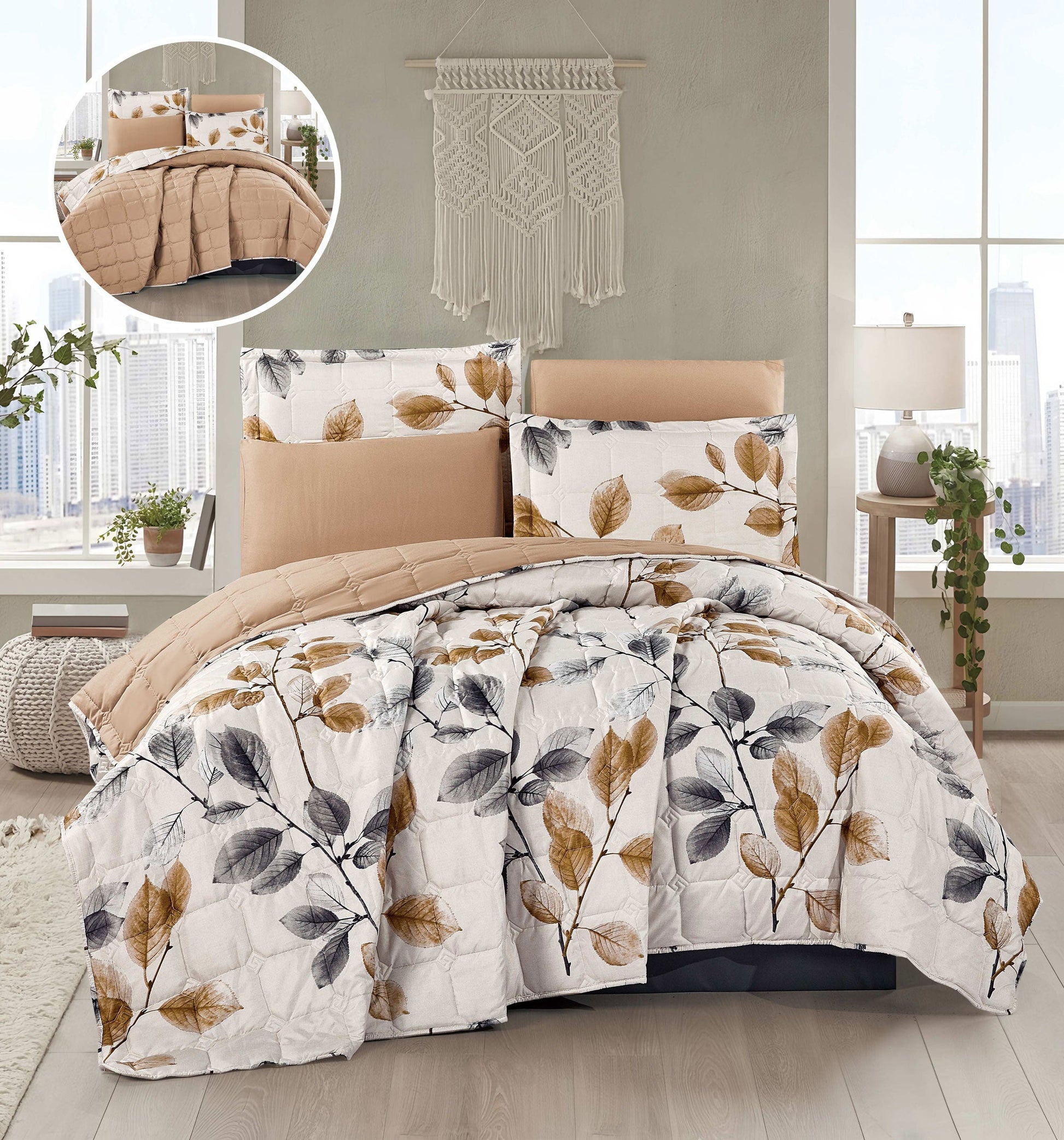 7 - Piece Reversible Comforter Set – Beige & Botanical Leaf Print Bedding with Matching Pillow Shams and Decorative Cushions, All - Season Microfiber Quilt Set - Bedding Factory&Supplier