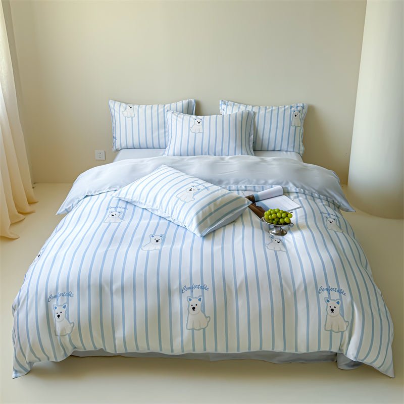 A duvet cover set with a striped pattern featuring a character design, displayed on a bed in a room with light decor.