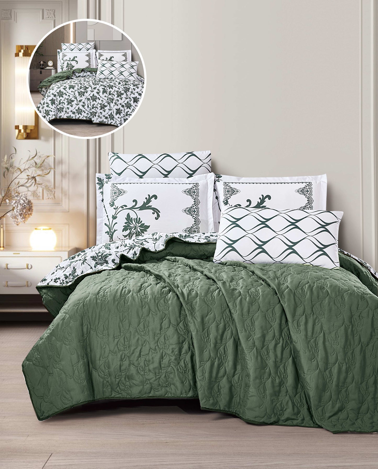 Cozy Reversible Microfiber Bedspread Set | Soft Green & White Floral Bedding with 1 Bedspread, 2 Pillowcases & 2 Shams | OEM Bedding Manufacturer | Bedspread, Quilt & Comforter Factory