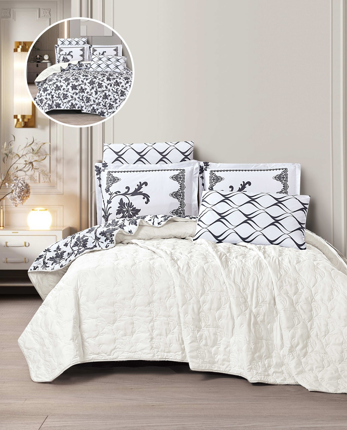 Cozy Reversible Microfiber Bedspread Set | Soft Green & White Floral Bedding with 1 Bedspread, 2 Pillowcases & 2 Shams | OEM Bedding Manufacturer | Bedspread, Quilt & Comforter Factory