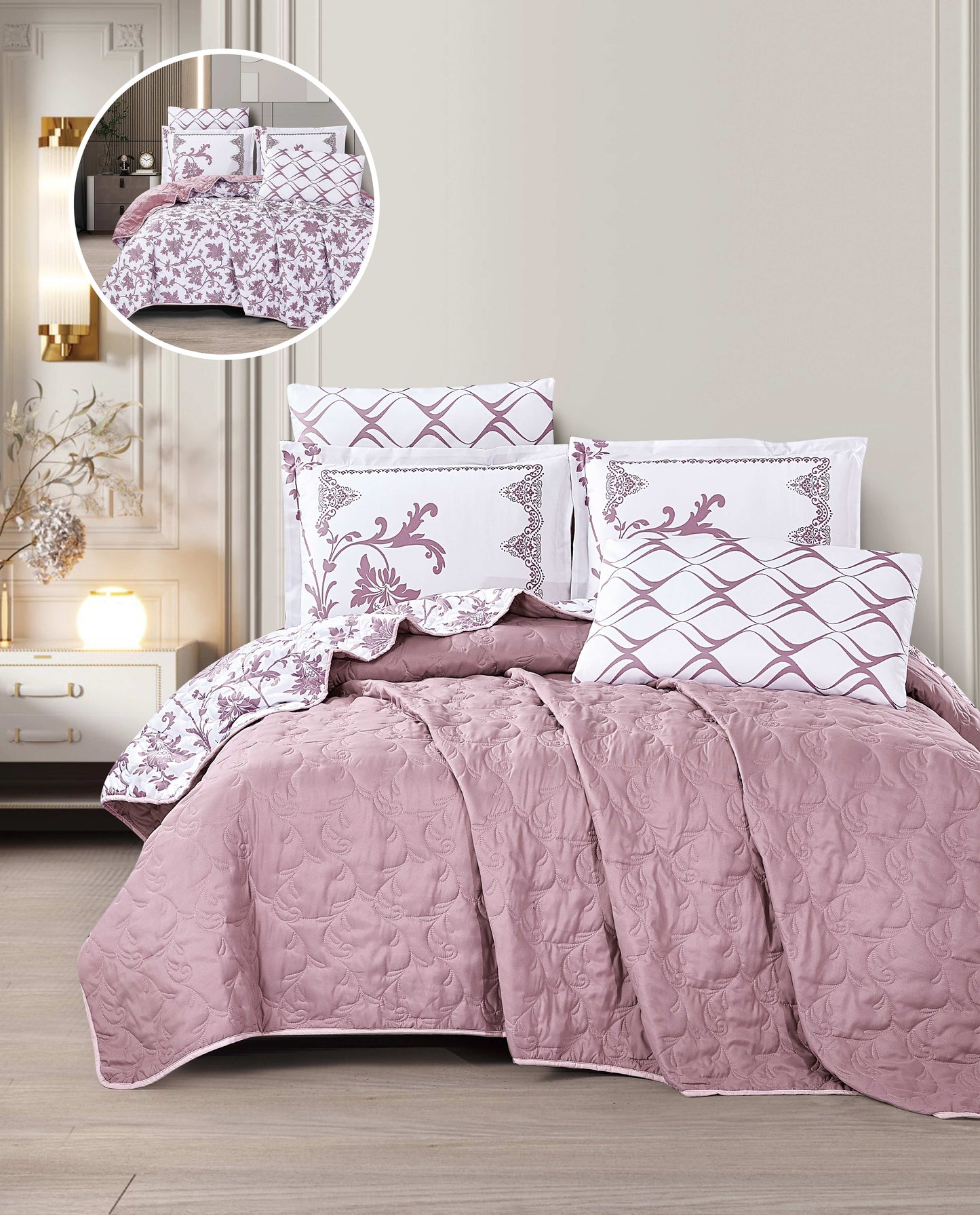 Cozy Reversible Microfiber Bedspread Set | Soft Green & White Floral Bedding with 1 Bedspread, 2 Pillowcases & 2 Shams | OEM Bedding Manufacturer | Bedspread, Quilt & Comforter Factory