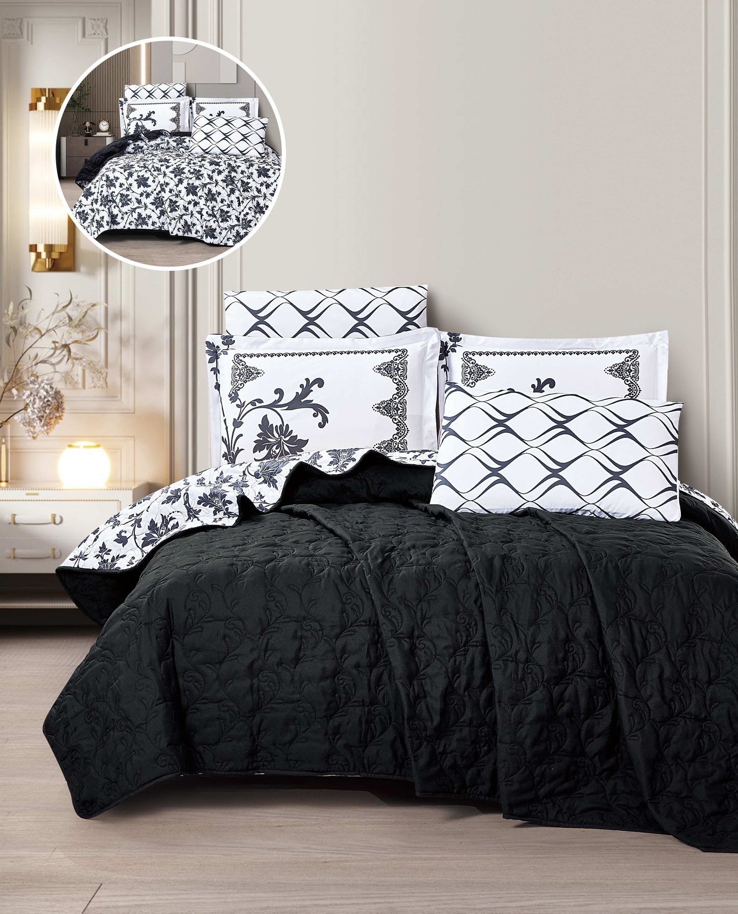 Cozy Reversible Microfiber Bedspread Set | Soft Green & White Floral Bedding with 1 Bedspread, 2 Pillowcases & 2 Shams | OEM Bedding Manufacturer | Bedspread, Quilt & Comforter Factory