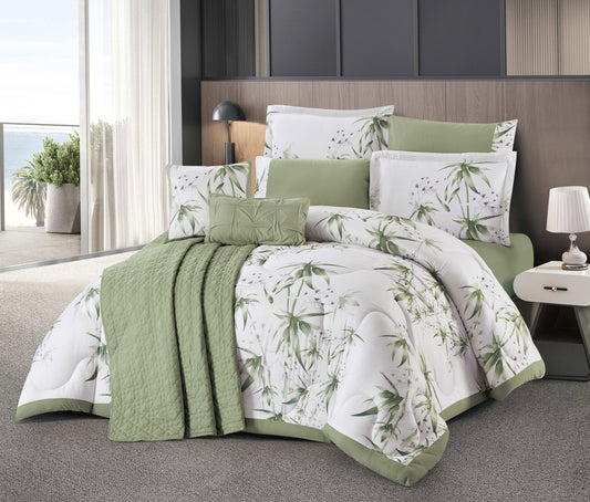 Customized 7-Piece Sage Green Bamboo Leaf Microfiber Comforter Set | Nature-Inspired Botanical Bedding with Decorative Pillow Shams and Cushions | Soft, Breathable, and Machine Washable | OEM Bedding Manufacturer