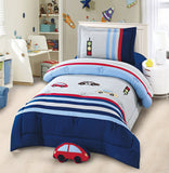 A children's bedding set with car print, displayed on a bed in a room with car-themed decor.