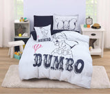 A bedding set with a design featuring the character Dumbo from Disney, with white and black colors predominantly used.