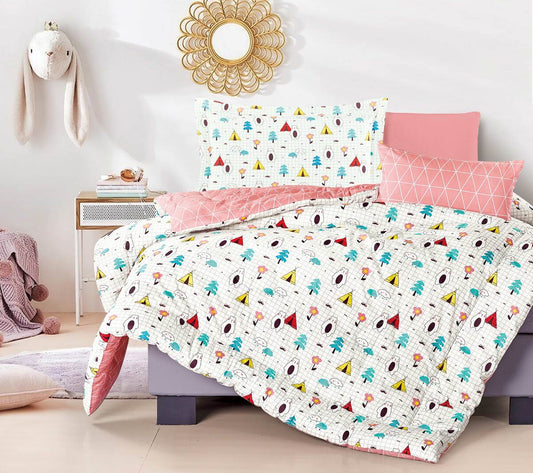 A bedding set with a white background featuring a geometric pattern with multicolored triangles and polar bears in a bedroom setting.