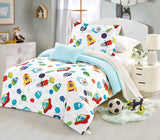 A bedding set with a space-themed print, featuring rockets and planets, displayed in a child's room.