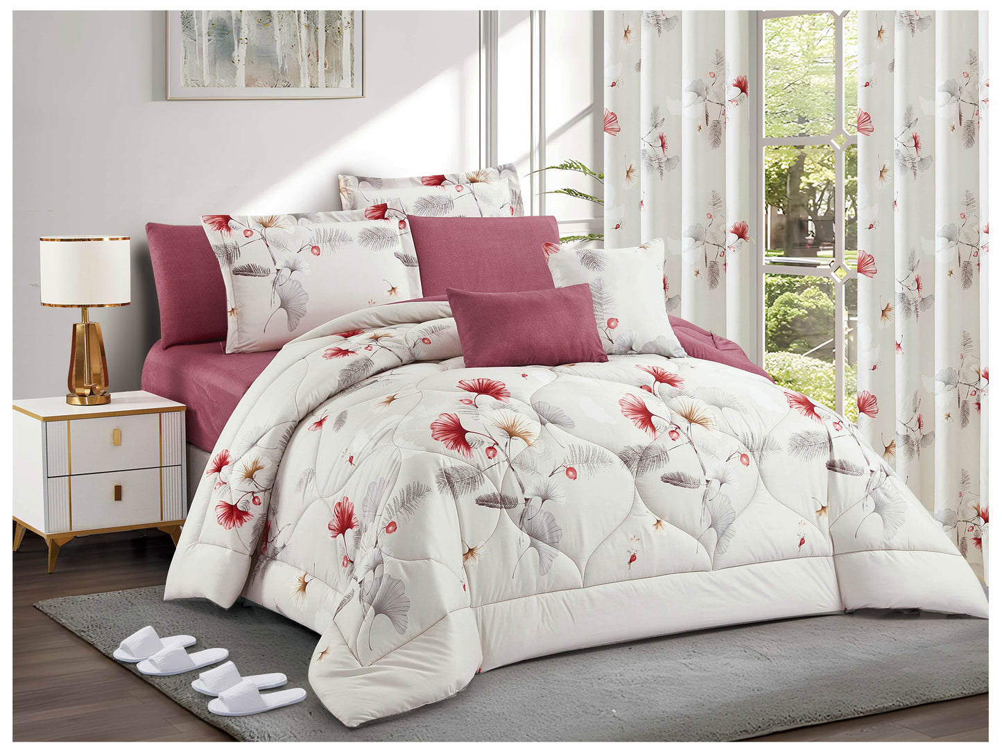 Red Gray Floral Comforter Set | Lightweight Microfiber Bedding for Summer and Spring | Soft Cozy Quilt with 1 Comforter, 2 Pillowcases & 2 Pillow Shams | Polyester filling comforter OEM