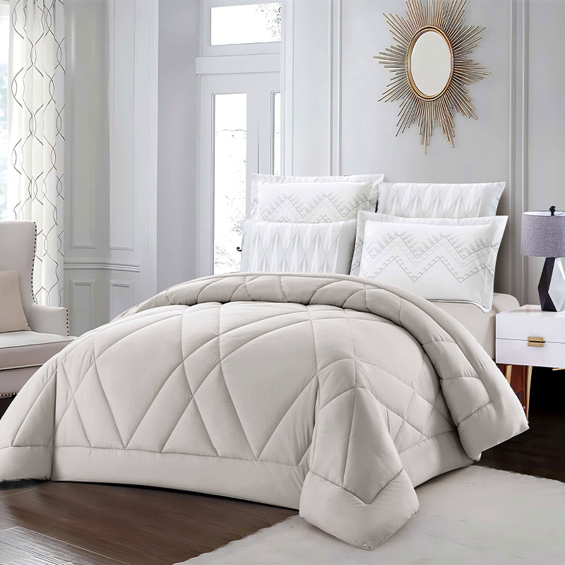 Beige Solid Comforter Set with Geometric Stitching | Lightweight Microfiber Bedding for Summer and Spring | Soft Breathable Quilt with 1 Comforter, 2 Pillowcases & 2 Pillow Shams | Global comforter manufacturer