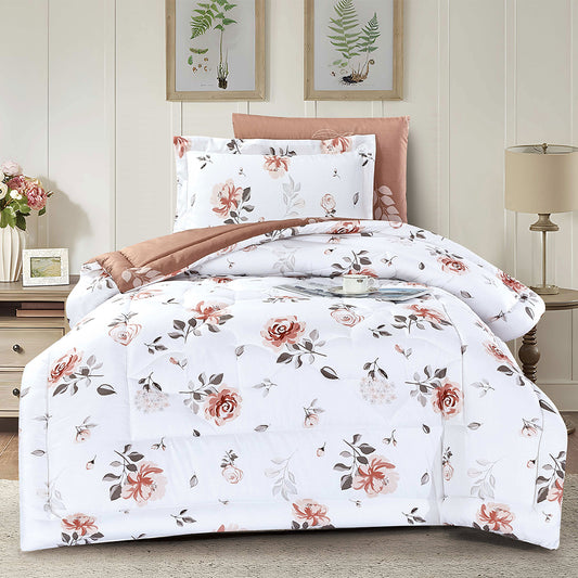 Blush Rose Floral Comforter Set | Lightweight Microfiber Bedding for Summer and Spring | Soft Cozy Quilt with 1 Comforter, 2 Pillowcases & 2 Pillow Shams | Custom comforter supplier