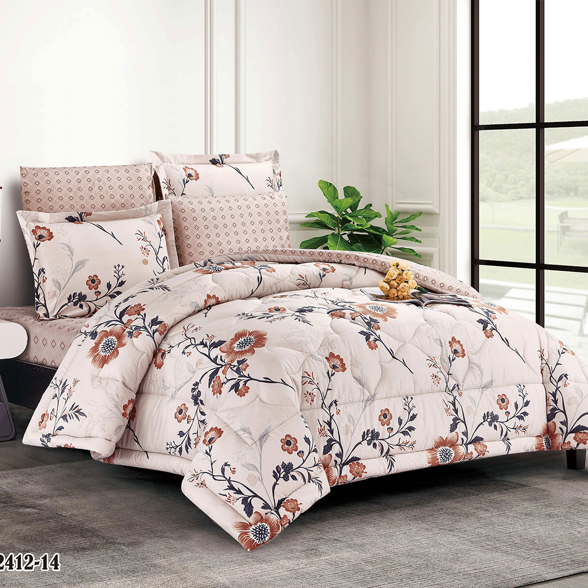 Elegant Terracotta Floral Microfiber Comforter Set with Pillowcases and Shams | Lightweight All-Season Bedding Ensemble | Custom Sizes Available | Bedding OEM comforter