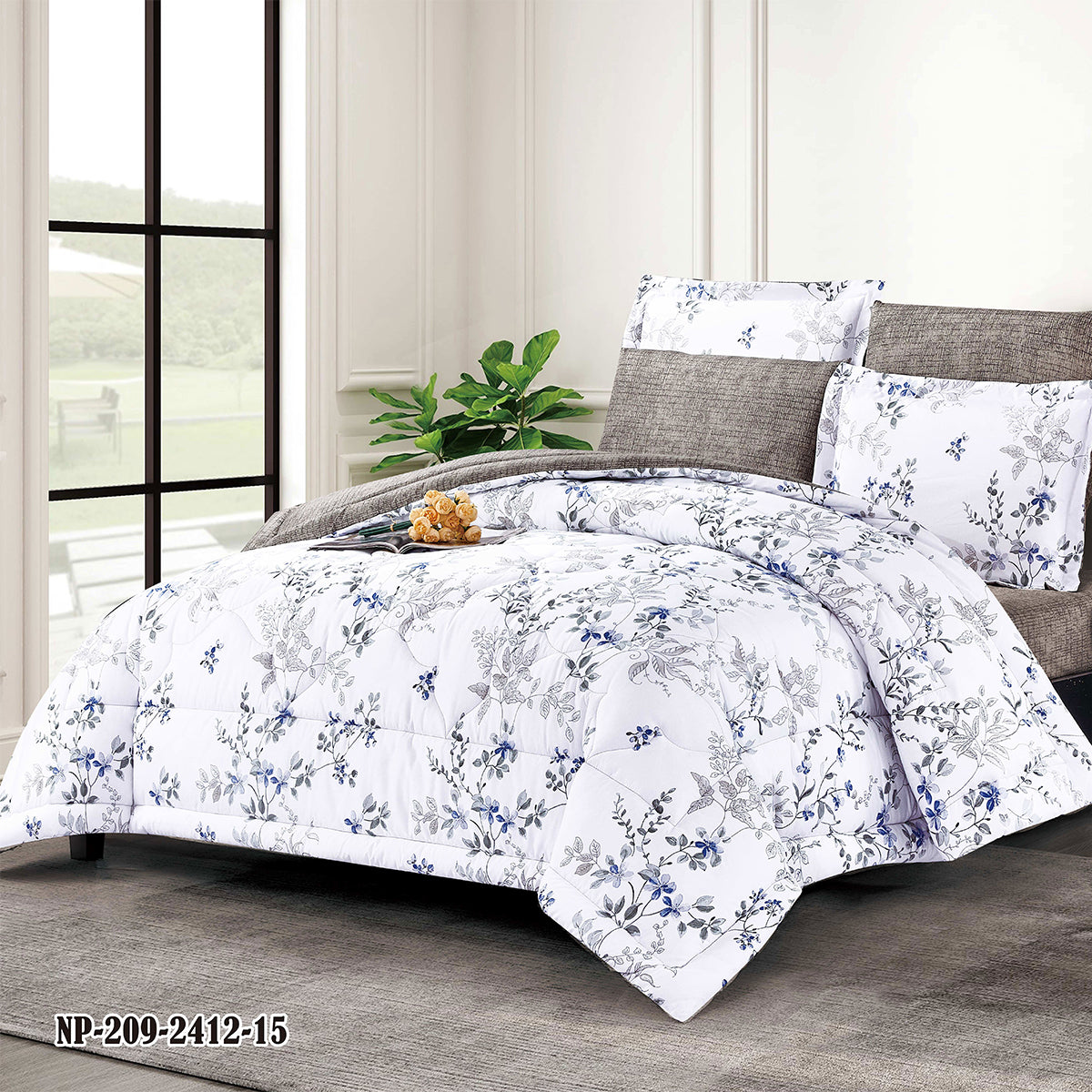 Classic Blue and Gray Floral Microfiber Comforter Set with Pillowcases and Shams | Lightweight All-Season Bedding Ensemble | Custom Sizes Available | Custom comforter supplier