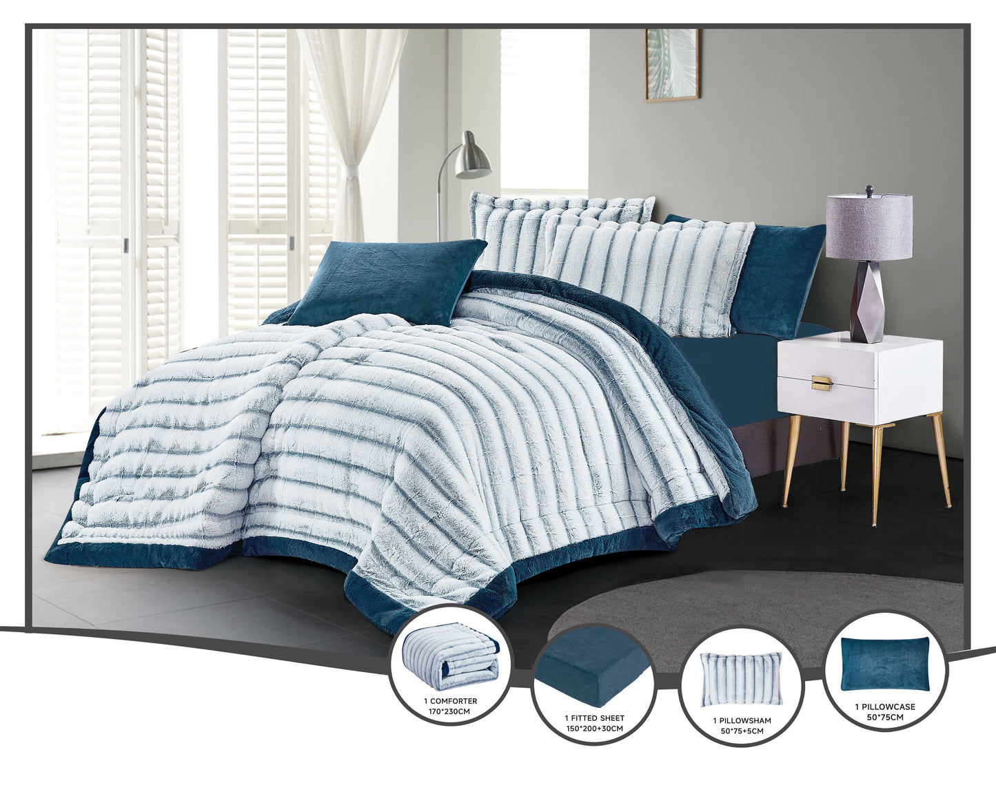 Luxury Blue Faux Fur Microfiber Comforter Set | Custom Duvet OEM Factory | Personalized Color and Material Choices
