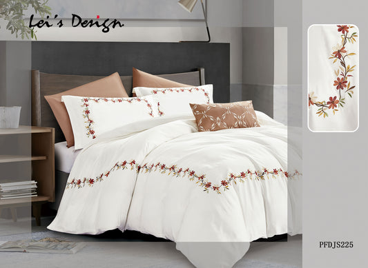 7-Piece Floral Embroidered Duvet Cover Set – White Cotton Bedding with Custom Size Options