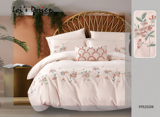 7-Piece Pink Floral Embroidered Duvet Cover Set – Elegant Cotton Bedding with Custom Size Options