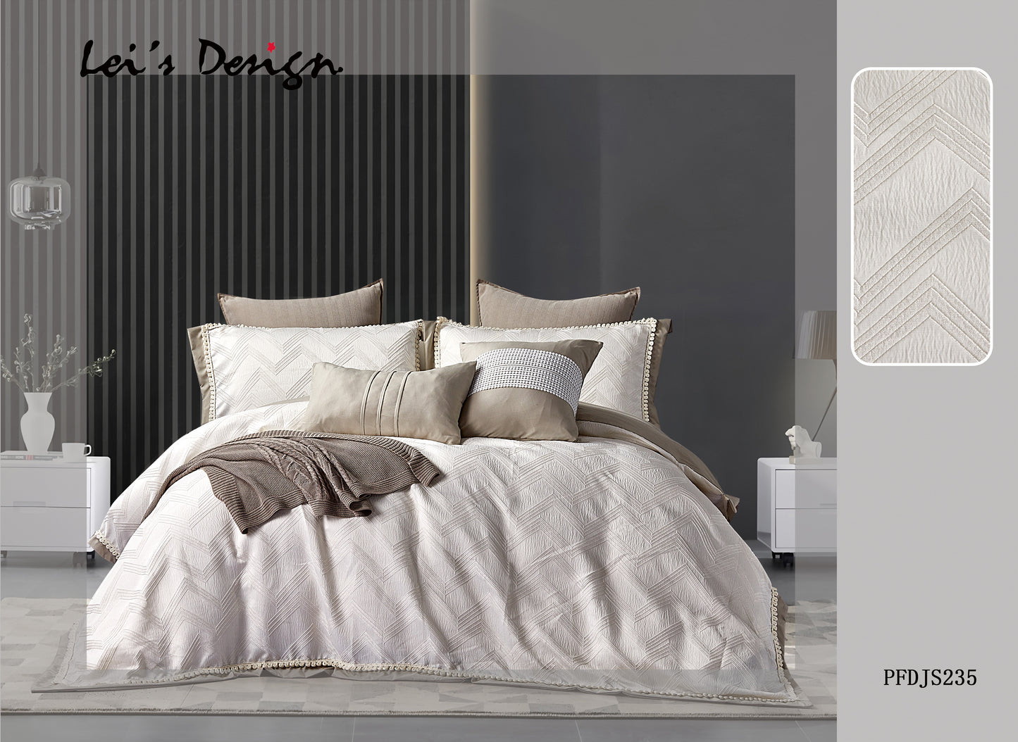 7-Piece Textured Chevron Duvet Cover Set – Elegant Neutral Bedding, Factory Direct & Custom Size Available